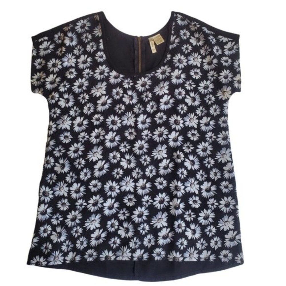 Japna black white floral print short sleeve top sz XS